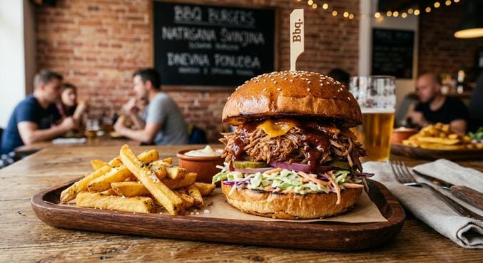 Burger z natrgano svinjino